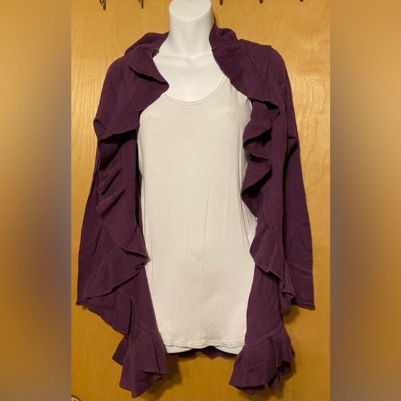 Sax cardigan sweater plum with ruffle trim size large - Picture 3 of 7